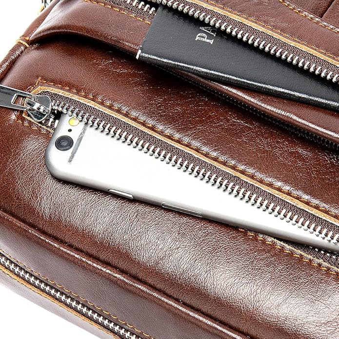 Hebetag Small Leather Sling Shoulder Bag Messenger Pack for Men Women Outdoor Travel Business