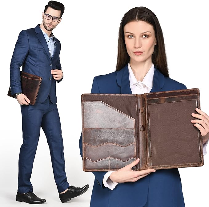 Leather Portfolio Binder, Professional Organizer Padfolio – Resume Folder, Business Card & Document Holder, Portfolios for Men & Women, Office & Business Supplies by Luxeoria | (Small - Brown)