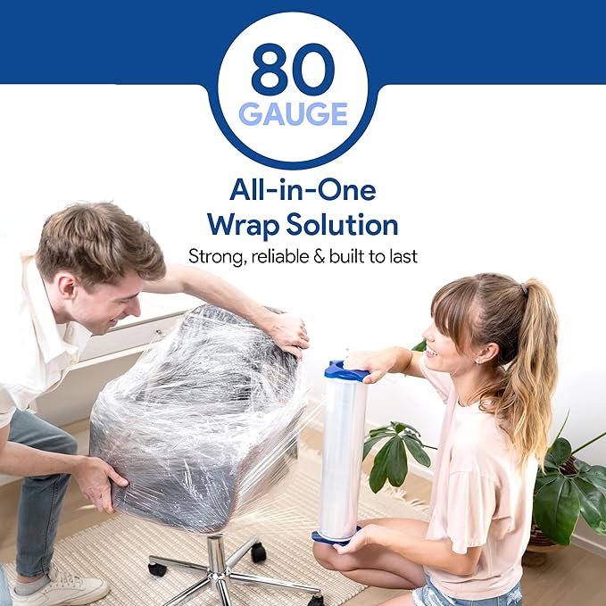 80 Gauge Plastic Stretch Film/Wrap with Tension Handles 1200ft 500% Stretch Clear Cling Durable Adhering Packing Moving Packaging Heavy Duty Shrink Film (Tension Handles, 4)