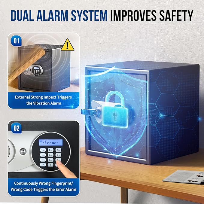 BlackSmith Biometric Safe Box 1.5 Cub Home Security Safe Fingerprint Recognition Money Safe with Keys Keypad Lock Box Secure Jewelry Valuables with Dual Alarm System Fireproof Bag