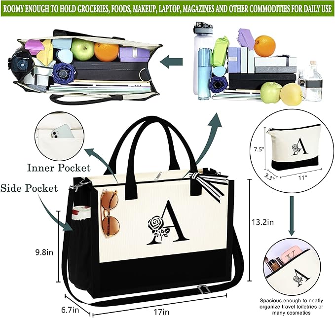 YOOLIFE Christmas Gifts for Women - Initial Canvas Tote Bag & Makeup Bag Birthday Gifts for Women Mom Friend Teacher Sister