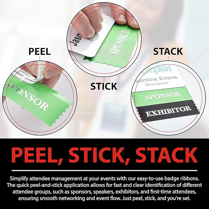 Conference Badge Ribbons with Adhesive, 3-1/2" x 1 5/8", 100pk (50 Attendee, 20 First Time, 10 Sponsor, 10 Exhibitor, 10 Speaker), Satin