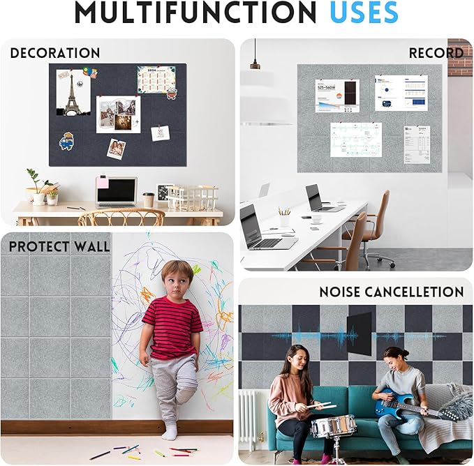 Large Cork Bulletin Board for Wall 48"x36", 12 Pack Felt Wall Tiles with 80 Pushpins, 60 Safe Removable Adhesive Tabs, Decorative Pin Board Tack Board for Office Home School, Dark Gray