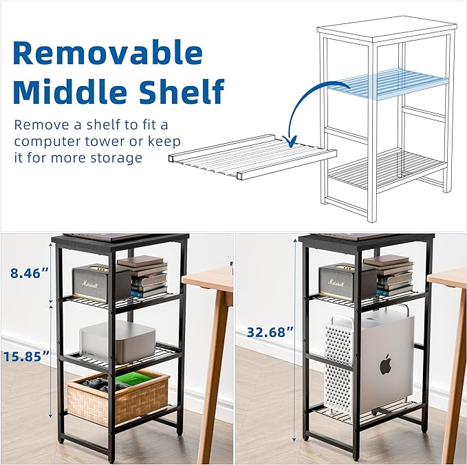 Printer Stand Holder 4 Tier - Heavy Duty Metal Shelving Unit for Printer Shelf Office Organizer, Industrial Printer Side Table with Wood Desk for Scanner Fax Machine, Black