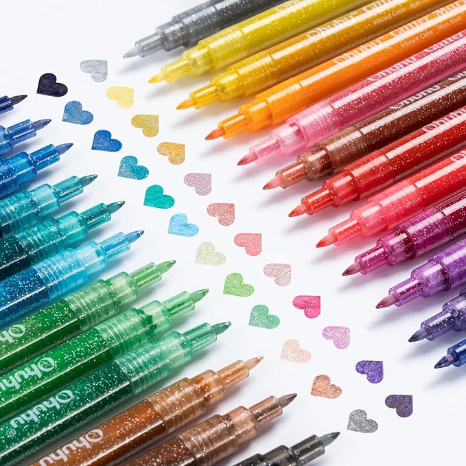 Ohuhu Glitter Markers Pen 24 Glitter Colors Fine Point Tip Water-based Metallic Shimmer Markers for Kids Adults DIY Crafts Greeting Birthday Cards Drawing Coloring Poster Album Scrapbooking Mugs Wood