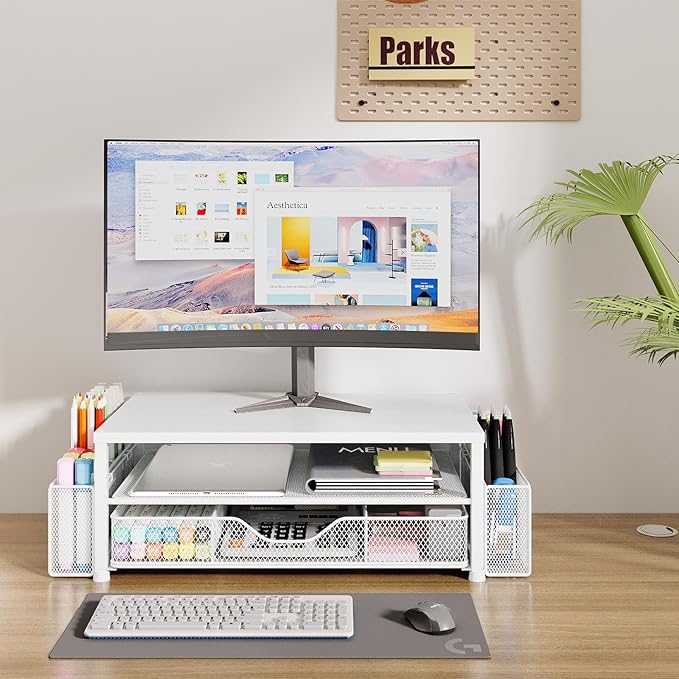 Desk Organizers and Accessories, 2-Tier Computer Monitor Stand for Desk Organizer with Drawer and 2 Pen Holders, Office Desk Accessories Workspace Desktop Organizers for Office Supplies, White