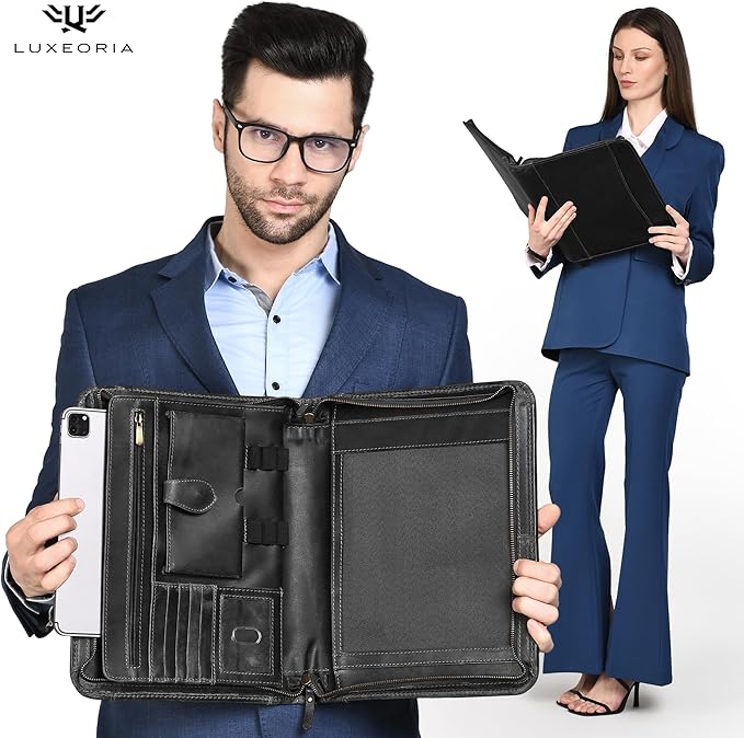 Leather Portfolio Professional Organizer Padfolio – Resume Folder, Document Binder w/Business Card Holder, Portfolios for Men & Women, Office & Business Supplies by Luxeoria | (Large - Black)