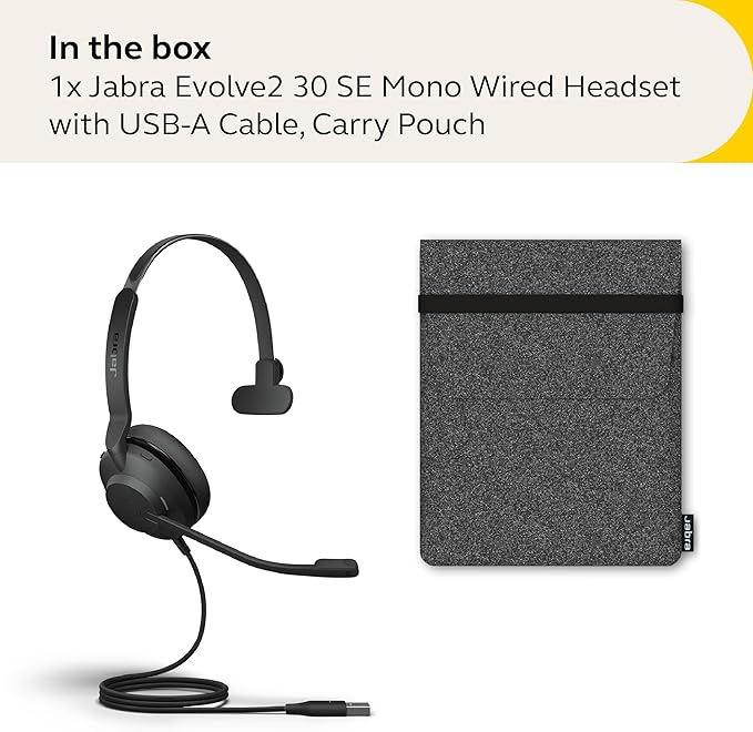 Jabra Evolve2 30 SE Wired Mono Noise-Cancelling Headset - Features 2-Mic Call Technology and USB-A Cable - Works with All Leading Unified Communications Platforms Such as Zoom and Google Meet - Black