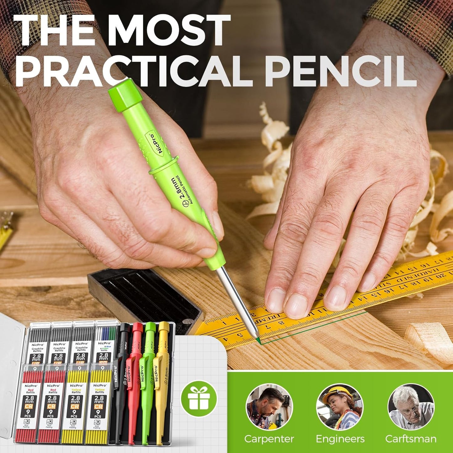 Nicpro 4 Pack CP3000 Carpenter Pencil with Sharpener, Mechanical Pencils Set with 76 Refills, Heavy Duty Construction Pencil, Carpenter Tools for Architect Marking (Red, Black, Yellow, Green)