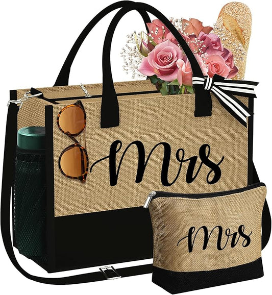 YOOLIFE Christmas Gifts for Women - Initial Jute Tote Bag & Makeup Bag, Birthday Gifts for Women Her Mom Teacher Friend