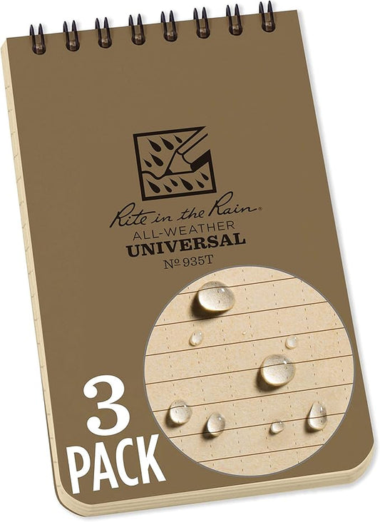 Rite In The Rain Weatherproof Top Spiral Notebooks, 3" x 5", Tan Cover, 3 Pack (No. 935T-3)
