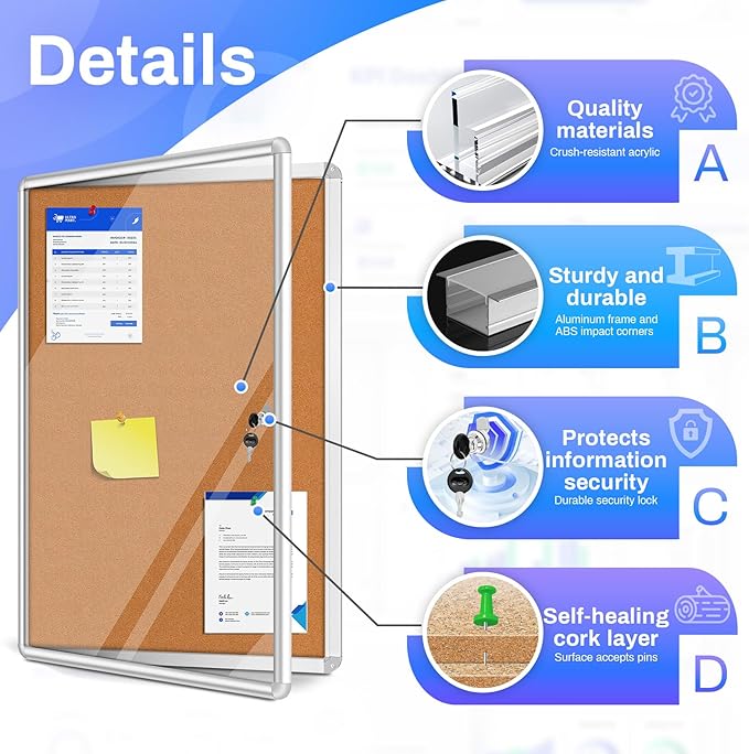 Magula 24"x18" Enclosed Cork Bulletin Board Tamper-Proof Dispaly Case, Aluminium Frame, Shatter Resistant Lockable Bulletin Board, Enclosed Cork Board for School, Office, Commercial, Hospital etc
