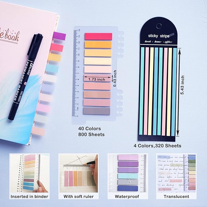 WSCHU 1120pcs Sticky Tabs - Writable Translucent Sticky Note Tabs, Repositionable Book Flags, Annotation Supplies
