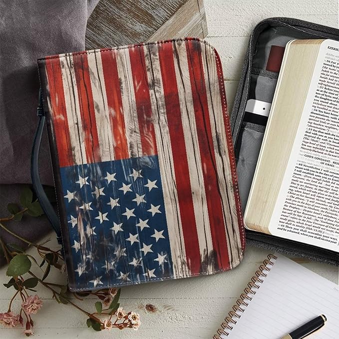 Lotusorchid American Flag Print Bible Case for Men, Zippered PU Bible Book Cover with Handle Pocket Portable Bible Cover Case Bible Cover Carrier Carrying Organizer Bag for Women, M