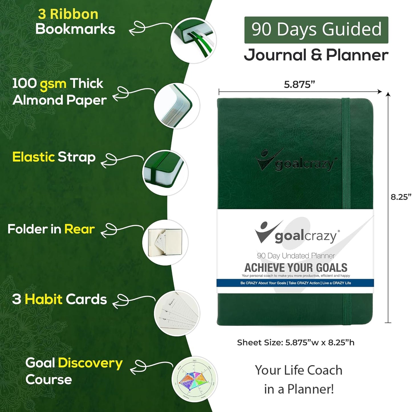 Undated Planner – 90 Day Guided Journal & Productivity Organizer, A5 Daily & Weekly Planner 2025 2026 with Goal Setting, Habit Tracker, To Do List, Academic & Work Calendar, Leather Hardcover - Forest Green