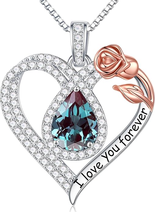 Hidepoo Christmas Gifts for Women Mom Wife - Sterling Silver Rose Heart Birthstone Necklace I Love You Forever Heart Pendant Teardrop Necklace Jewelry Anniversary Valentines Christmas Birthday Gifts