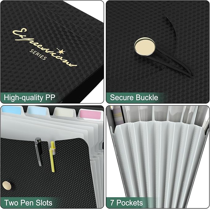 Sooez 7 Pocket Expanding File Folder, Premium Accordion File Organizer, Letter Size Folders for Documents, Sleek Filing Folders with Bungee Closure, Portable Folders for School Office Supplies, Black