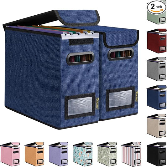 BALEINE File Organizer Box with Lid, Collapsible File Folder Organizer with Plastic Slide, Hanging File Folder Box for Office Document Storage (2 Pack, Blue, S)