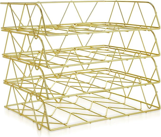 Yeaqee 4 Tier Stackable Paper Tray Gold Desk Organizer Rack Metal Letter Desk File Organizer Horizontal Holder File Trays for Desk Office Desktop Supplies and Accessories