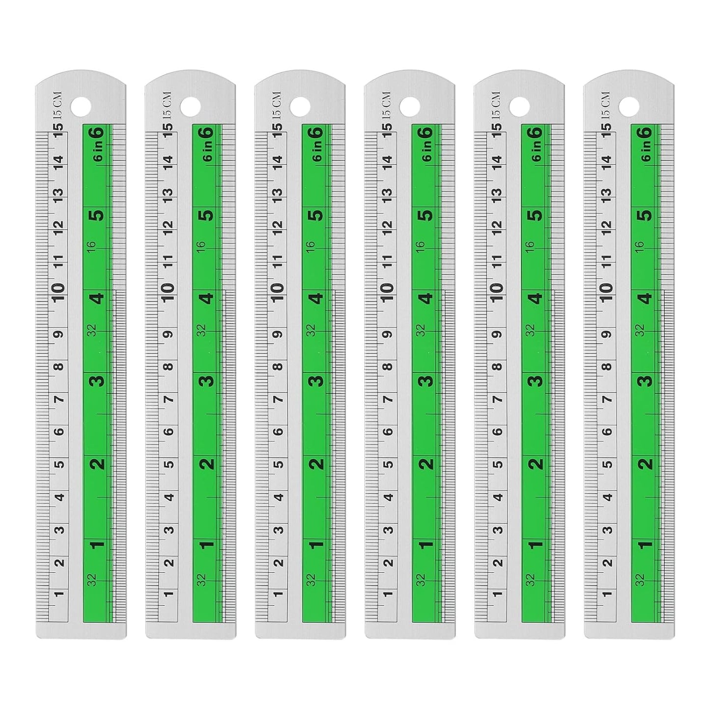 HARFINGTON 6pcs Metal Straight Ruler 15cm Metric SAE Aluminum Alloy Measuring Rulers Scale Tool with Hole for Measure Study Reading Classroom Office, Green