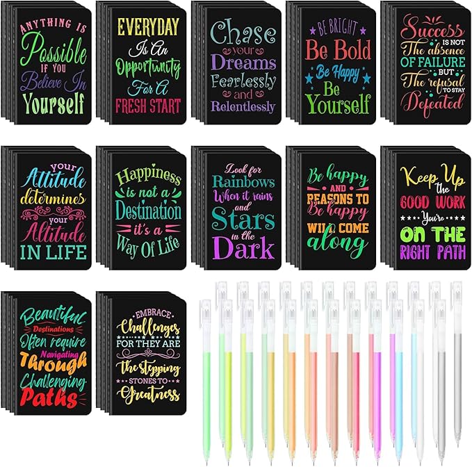 60 Pcs Mini Inspirational Notebooks Bulk with 60 Pcs Colorful Pens, Small Pocket Journal Notepads Set,Motivational Bulk Gifts for Women Men Teacher Student Kids,Fun School Office Supplies,3.5"x5.5"