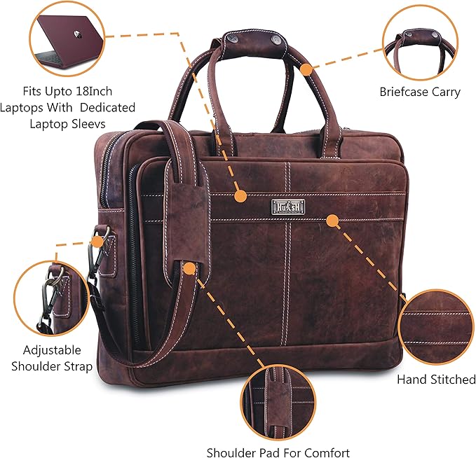 18 Inch Leather Laptop Bag for Computer Bag for Men– Supple Genuine Leather Briefcases for Men W/Padded Laptop Case Leather