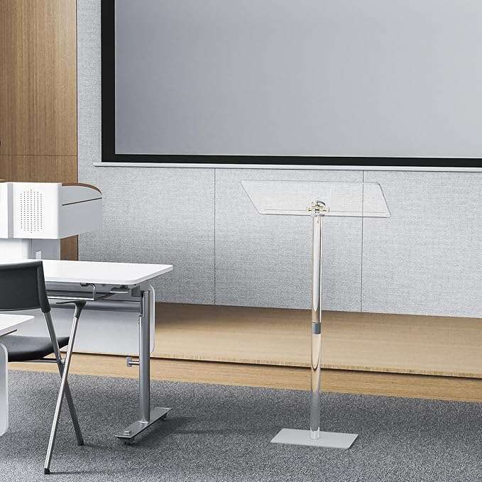 HMYHUM Acrylic Podium Stand, Angle Adjustable, Modern Lecterns & Pulpits for Classroom, Concert, Church, Speech, Easy Assembly, Metal Base, 23.6" L x 15.7" W x 42.3" H, Clear