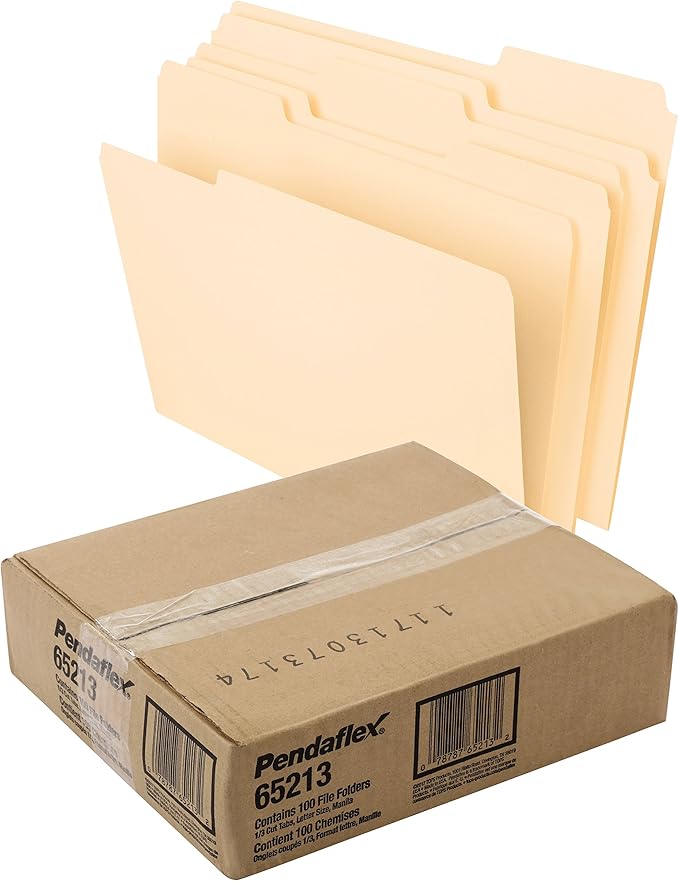 Pendaflex Extra Capacity Reinforced Hanging File Folders, 2", Letter Size, Standard Green, 1/5 Cut, 25/BX (04152X2) & File Folders, Letter Size, 8-1/2" x 11", Classic Manila, 1/3-Cut Tabs in Left