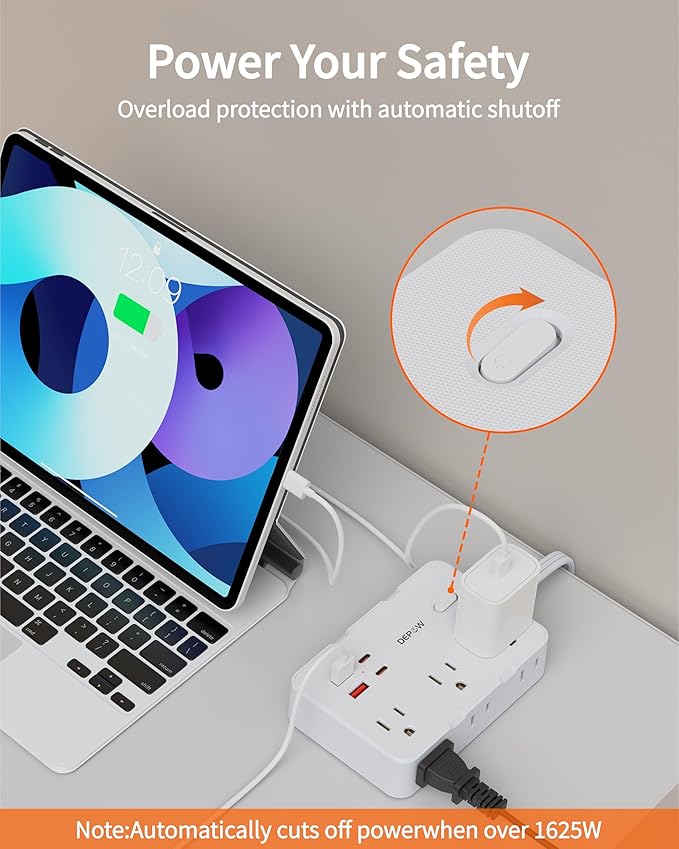 Surge Protector Power Strip with Flat Plug, 5 FT Extension Cord with 6 AC Outlets 4 USB Ports(2 USB-C),1050J Surge Protection, Wall Mountable Charging Station for Office, Home, White