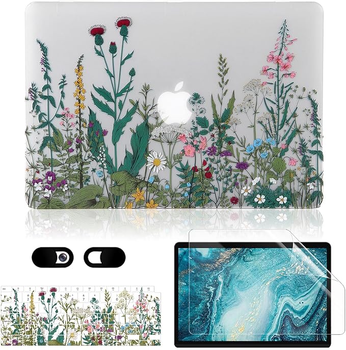 Case for MacBook Pro 13 inch M2 M1 A2338 A2289 A2251 A2159 A1989 A1706 2023-2016 Release with Touch ID, 6 in 1 Matte Clear Shell&Keyboard Cover&Screen Protector&Webcam Cover, Garden Flower