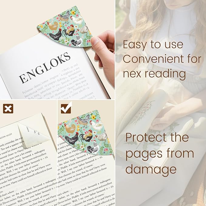 Farm Chicken Rooster Corner Bookmarks, Cute Leather Book Accessories for Book Lovers, 3 Pcs Reading Book Page Markers for Women Men Student Teacher Girls Boys Kids Retirement Birthday Gifts