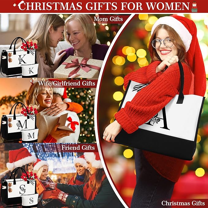 YOOLIFE Christmas Gifts for Women - Initial Canvas Tote Bag & Makeup Bag Birthday Gifts for Women Mom Friend Teacher Sister