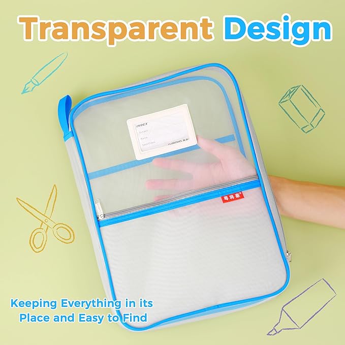 Pendancy Mesh Zipper Pouch 14.8x10.8 in Transparent Lightweight Nylon File Folders, A4 Size Multi-Layer Subject Document Organizer Accessories Storage Bag for Office and School Supplies(Blue)