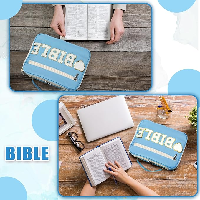 Silkfly Large Chenille Letter Bible Cover for Women Preppy Patch Bible Case Church Bible Bag with Handle(Blue)