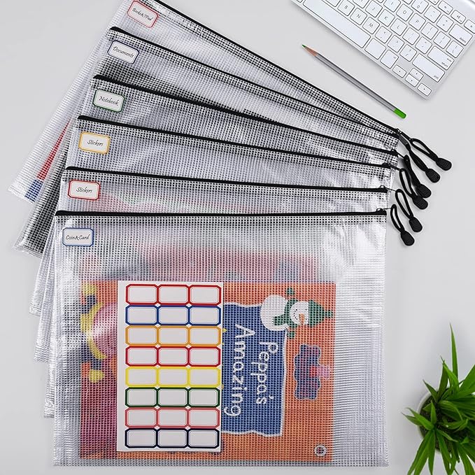 Mesh Zipper Pouch, 6PCS Waterproof Plastic Mesh ZipperBag, B4 Size Tear-Resistant Document Pouch, Extra Large Zip File Bags, for School Office Supplies Home Travel Storage(15.35×11.22 Inch)