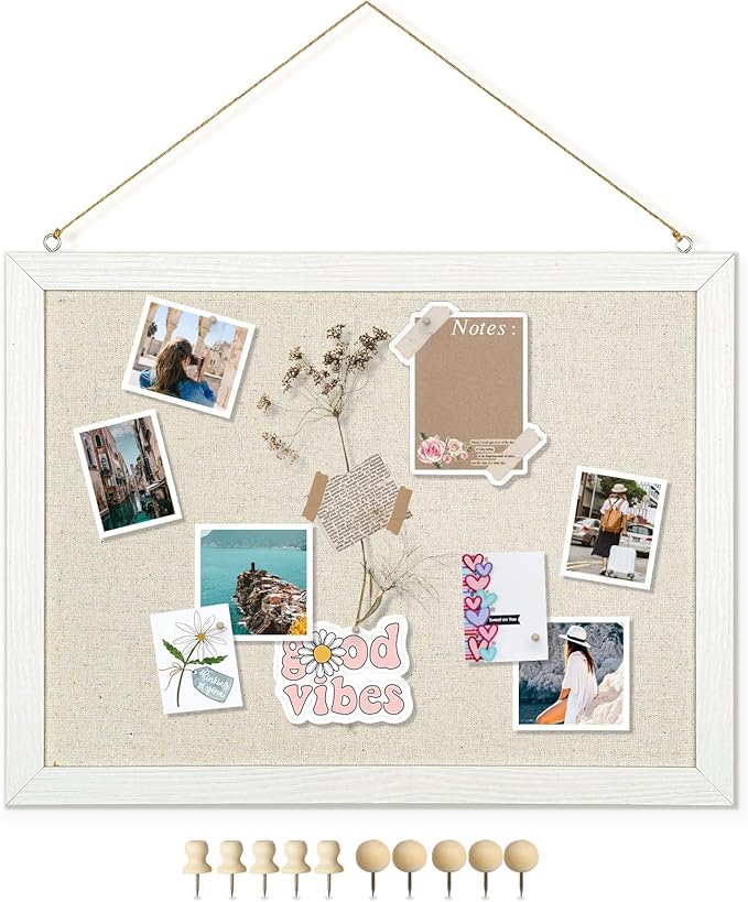 DOLLAR BOSS Bulletin Boards with Linen 1-Pack 16''X 12'' Double-Sided Cork Board for Walls Wood Framed Bulletin Boards, Small Pin Board for Home Kitchen Office Decorative Hanging 10 Pushpins