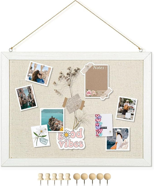 DOLLAR BOSS Bulletin Boards with Linen 1-Pack 16''X 12'' Double-Sided Cork Board for Walls Wood Framed Bulletin Boards, Small Pin Board for Home Kitchen Office Decorative Hanging 10 Pushpins