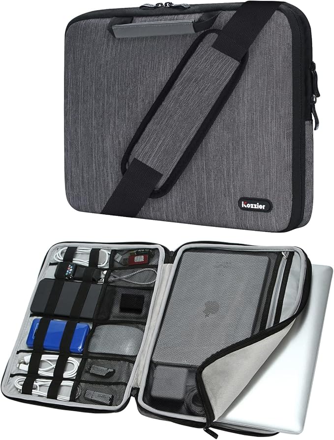 iCozzier 15-15.6 Inch Handle Laptop Briefcase Shoulder Bag Electronic Accessories Organizer Messenger Carrying Case with Shoulder&Luggage Strap - Grey
