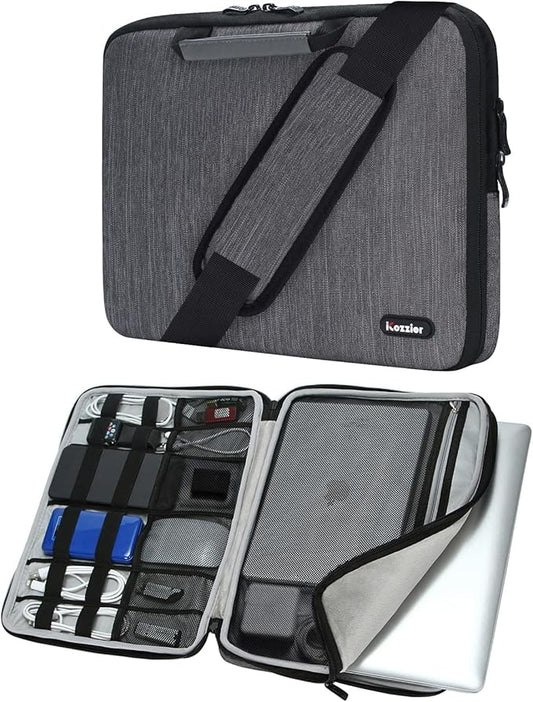 iCozzier 15-15.6 Inch Handle Laptop Briefcase Shoulder Bag Electronic Accessories Organizer Messenger Carrying Case with Shoulder&Luggage Strap - Grey