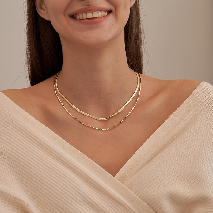 Herringbone Necklace for Women,Dainty Gold Necklace,14k Gold Plated Snake,Gold Chain Choker Necklaces,Simple Gold Layered Necklaces,Gold Jewelry Gift for Women
