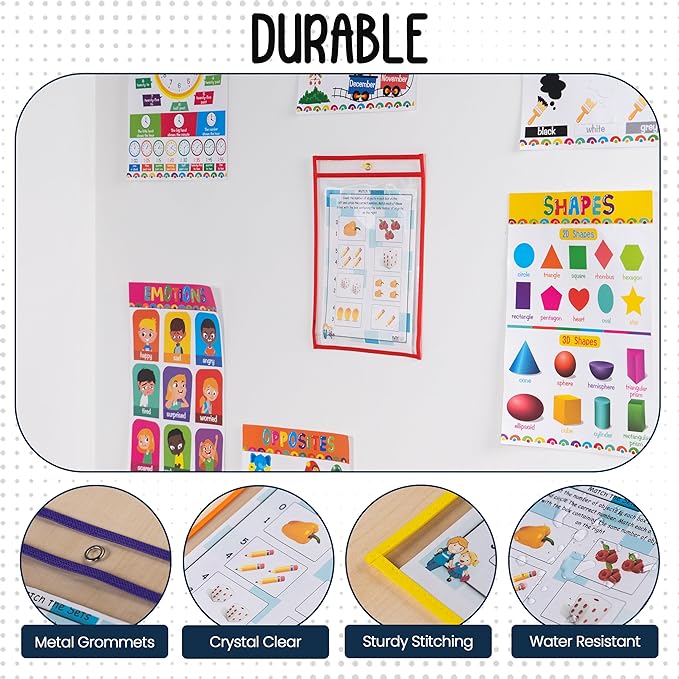 30 Pack, Assorted, Dry Erase Pocket Document Protectors,10" Wide x 13.5" Tall - Dry Erase Clear Plastic Sleeves - Reusable & Easy Erase Plastic Invoice Holders, Water-Resistant & Durable
