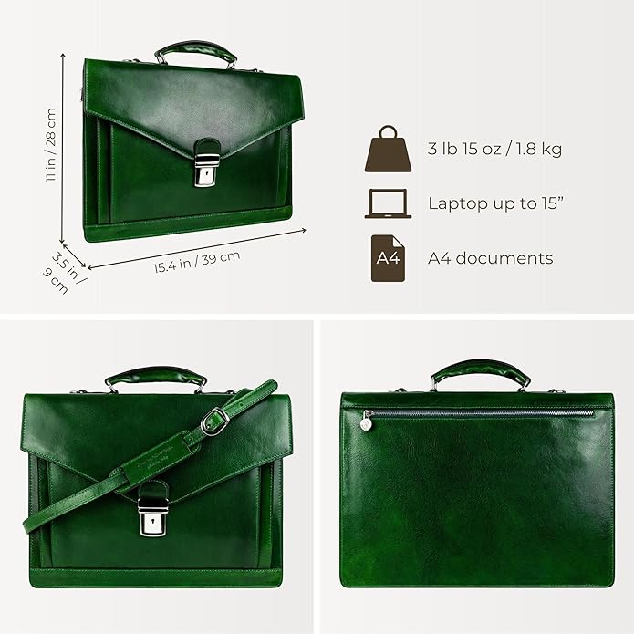 Time Resistance Leather Briefcase for Men - Business Laptop Bag - Italian Handmade Leather Bag - Attache - Gift Box Included