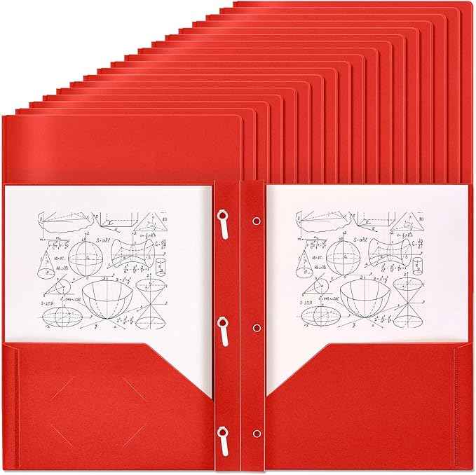 Yeaqee 60 Pcs Plastic Folders with Pockets and Prong Plastic Folders with 2 Pockets Pocket for Office, School for Students, Teachers, Office Workers (Red)