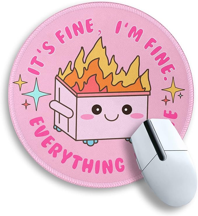 Funny Round Mouse Pad for Desk, Cute Office Decor for Women, Dumpster on Fire Small Mousepad，Stitched Edge Non-Slip Rubber Base, Personalized Computer Mouse Pads for Wireless Mouse，Desk Accessories