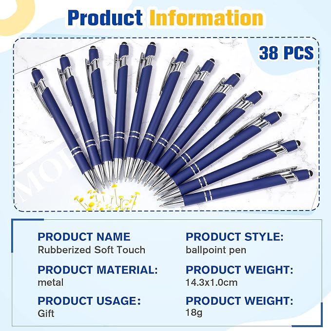 Zonon 38 Pieces Rubberized Ballpoint Pen with Stylus Tip Stylish Metal Pen Capactive Styli Pen with Soft Rubberized Grip, Black Ink Pen for Most Devices (Dark Blue)