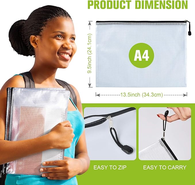 Mesh Zipper Pouch, 6PCS Waterproof Plastic Mesh ZipperBag, A4 Size Tear-Resistant Document Pouch, Extra Large Zip File Bags, for School Office Supplies Home Travel Storage(13.5×9.5 Inch)