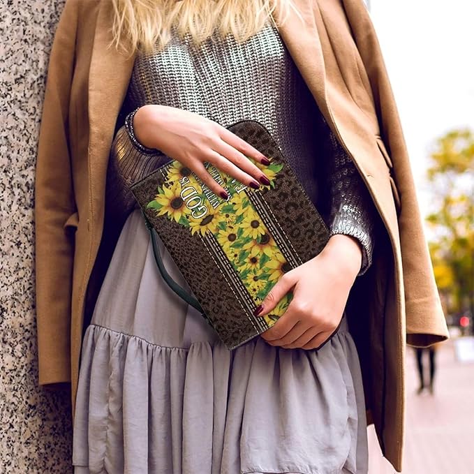 Lotusorchid PU Leather Bible Bag for Women with Inspiring Bible Verses, Sunflower Leopard Print Bible Cover Women Girls, Sturdy Bible Book Carrying Bags Christian Bible Study Accessories, L