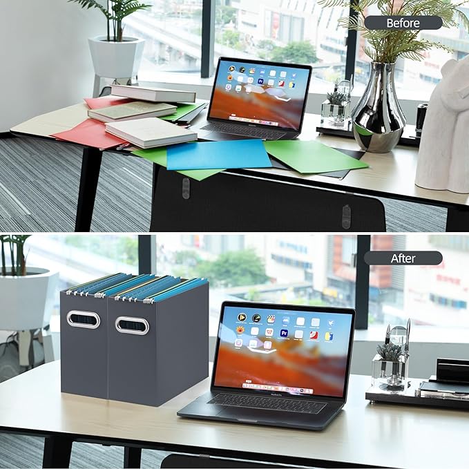 Oterri File Organizer, Small Storage Box, Cardboard File Folder Organizer, Collapsible File Box, Hanging File Organizer for Letter Size, Portable File Box with Handle, Only Box (Dark Grey,6 Packs)
