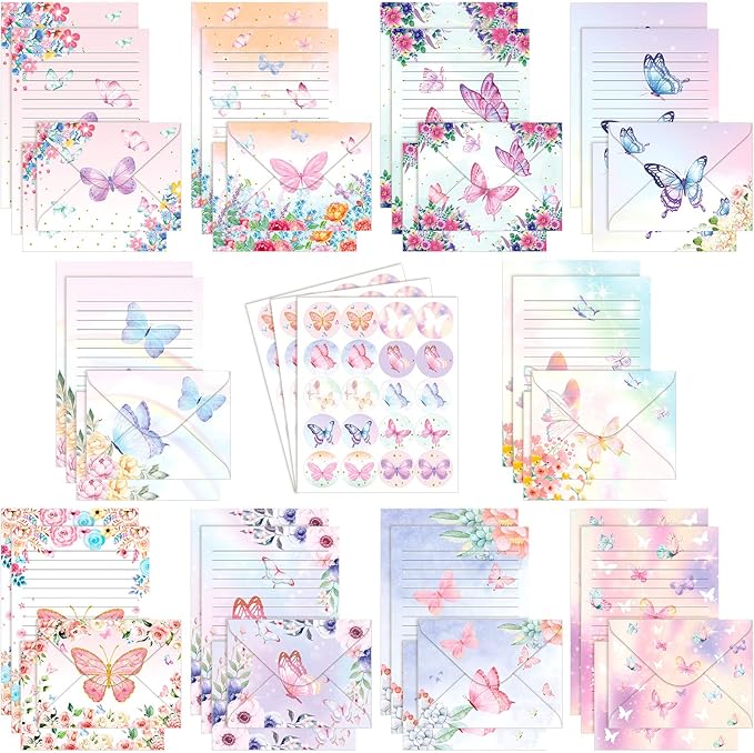 TaoBary 160 Packs Stationery Paper Set (50 Double Sided Stationery Writing Papers 50 Matching Envelopes) 60 Round Dot Sticker, 10 Design(Watercolor Butterfly,5.5 x 8.25 Inch)