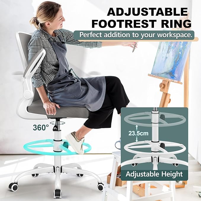 FelixKing Drafting Chair Ergonomic Tall Office Chair, Breathable Mesh Chair with Adjustable Footrest Ring Lumbar Support Flip-up Armrests, High Back Executive Comfy Task Computer Chair for Home Office